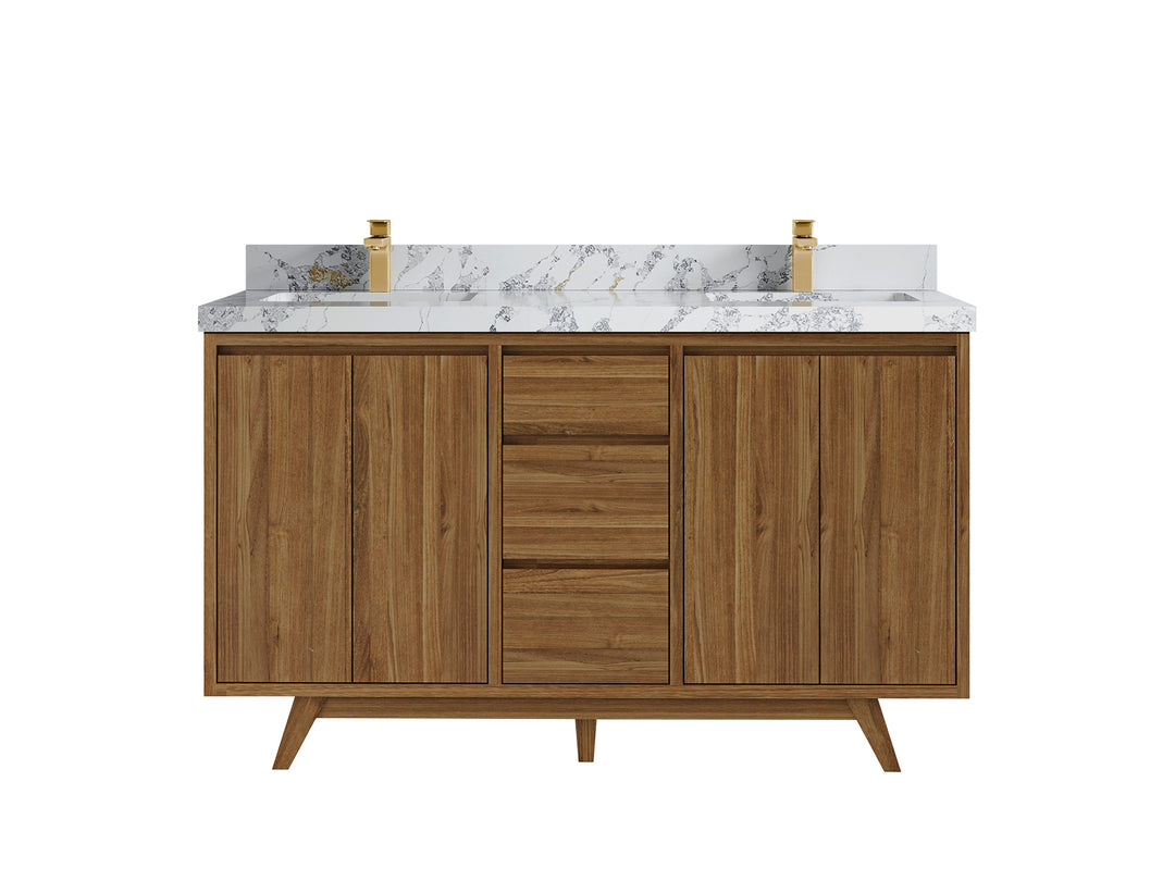 Madison Teak 60 in. W x 22 in. D Double Sink Bathroom Vanity in Dark Natural with 2 in Calacatta Poanazzo Quartz Countertop