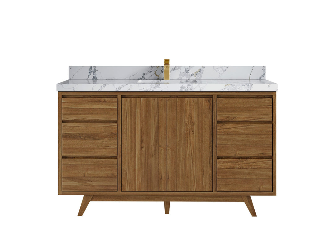 Madison Teak 60 in. W x 22 in. D Single Sink Bathroom Vanity in Dark Natural with 2 in Calacatta Poanazzo Quartz Countertop