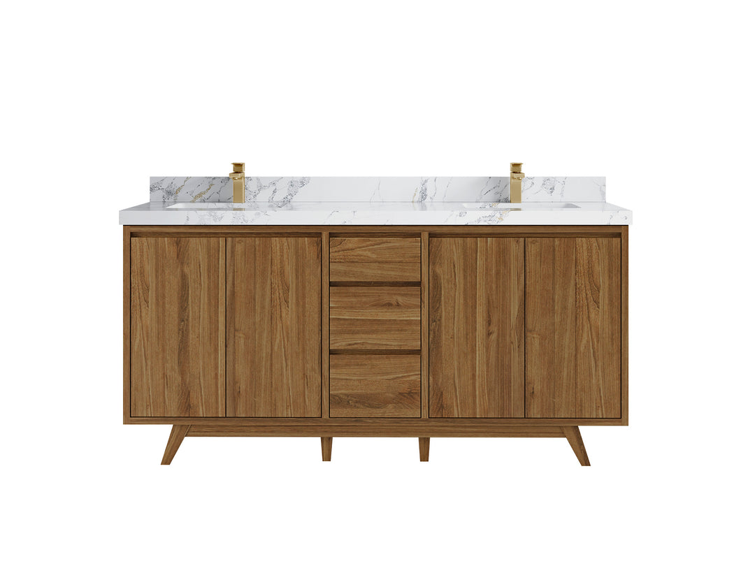 Madison Teak 72 in. W x 22 in. D Double Sink Bathroom Vanity in Dark Natural with 2 in Calacatta Poanazzo Quartz Countertop