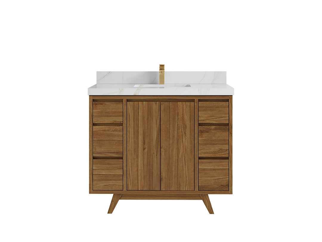 Madison Teak 42 in. W x 22 in. D Single Sink Bathroom Vanity in Dark Natural with 2 in Calacatta Sienna Quartz Countertop