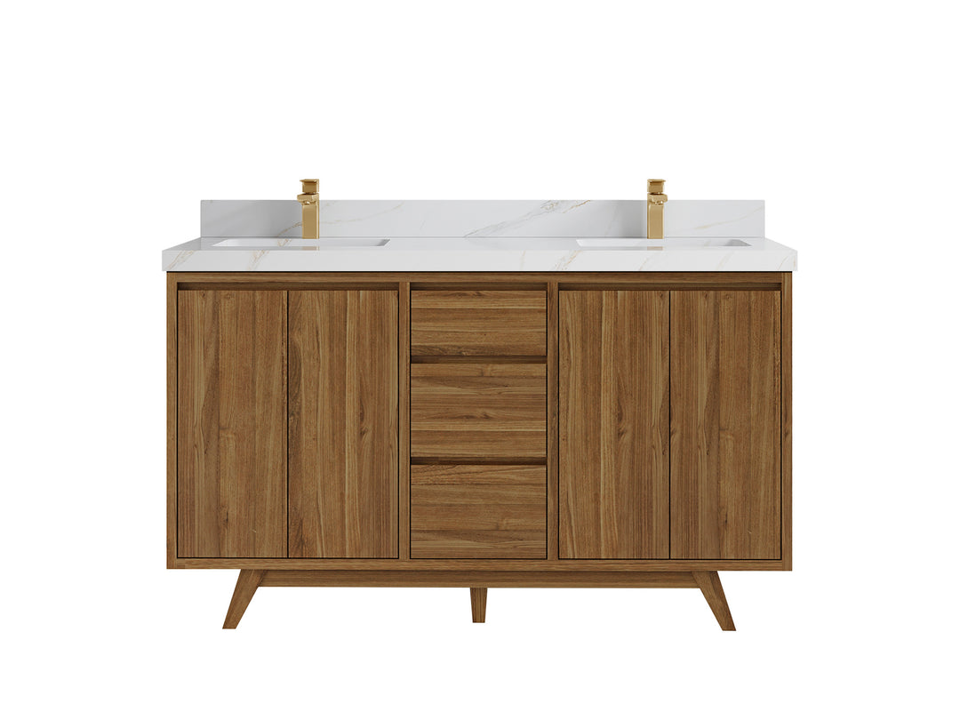 Madison Teak 60 in. W x 22 in. D Double Sink Bathroom Vanity in Dark Natural with 2 in Calacatta Sienna Quartz Countertop