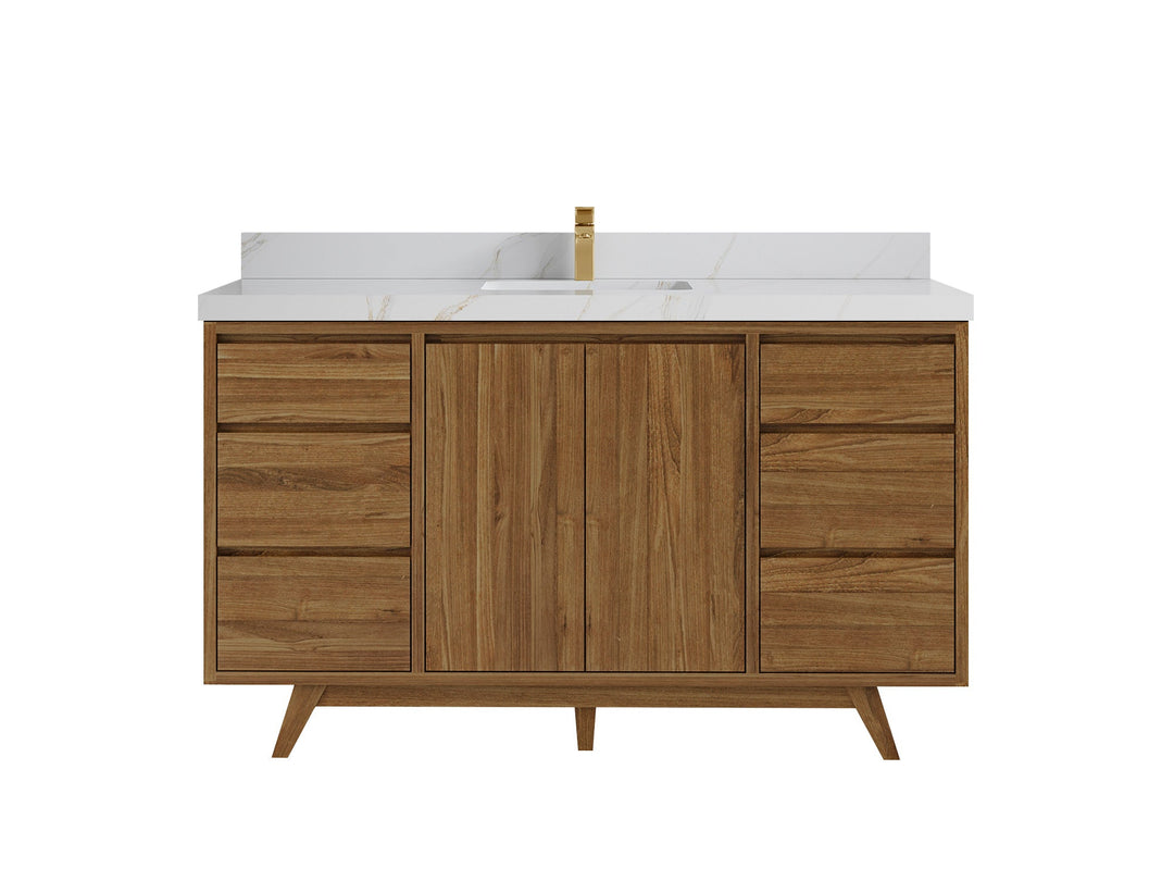 Madison Teak 60 in. W x 22 in. D Single Sink Bathroom Vanity in Dark Natural with 2 in Calacatta Sienna Quartz Countertop