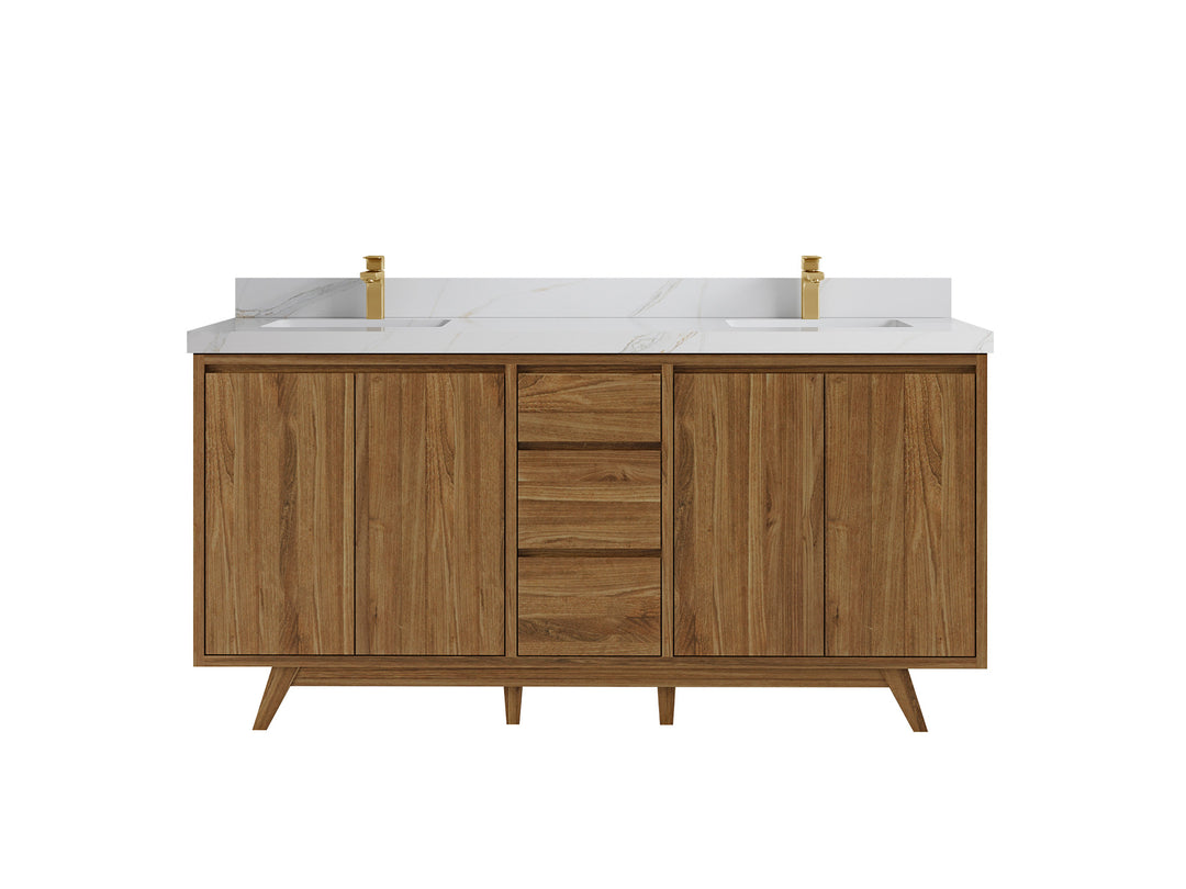 Madison Teak 72 in. W x 22 in. D Double Sink Bathroom Vanity in Dark Natural with 2 in Calacatta Sienna Quartz Countertop