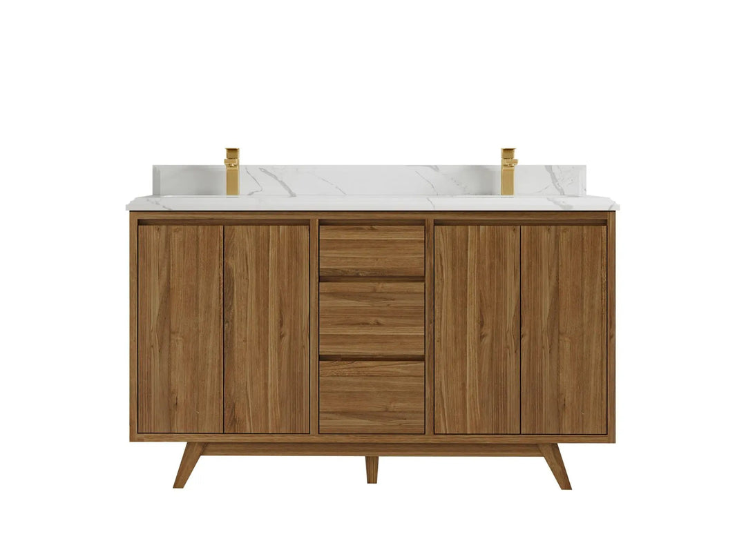 Madison Teak 60 in. W x 22 in. D Double Sink Bathroom Vanity in Dark Natural with 1.5 in Calacatta Laza Quartz Countertop