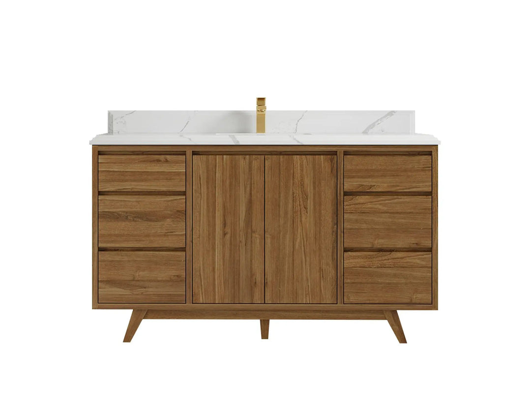 Madison Teak 60 in. W x 22 in. D Single Sink Bathroom Vanity in Dark Natural with 1.5 in Calacatta Laza Quartz Countertop