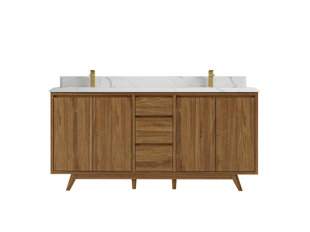 Madison Teak 72 in. W x 22 in. D Double Sink Bathroom Vanity in Dark Natural with 1.5 in Calacatta Laza Quartz Countertop