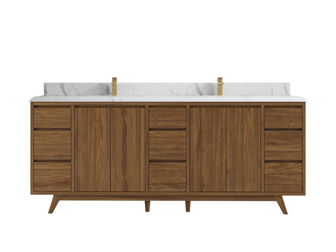 Madison Teak 84 in. W x 22 in. D Double Sink Bathroom Vanity in Dark Natural with 1.5 in Calacatta Laza Quartz Countertop