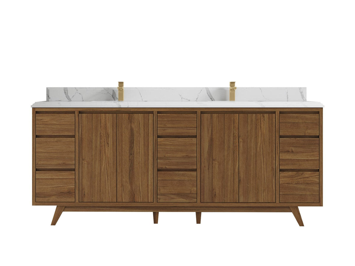 Madison Teak 84 in. W x 22 in. D Double Sink Bathroom Vanity in Dark Natural with 1.5 in Calacatta Laza Quartz Countertop