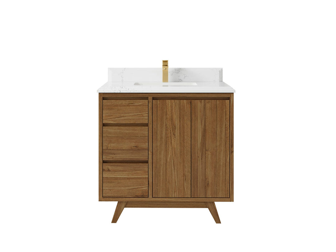 Madison Teak 36 in. W x 22 in. D Center Sink Bathroom Vanity in Dark Natural with 1.5 in Empira White Quartz Countertop 
