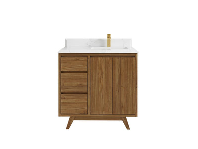 Madison Teak 36 in. W x 22 in. D Right Offset Sink Bathroom Vanity in Dark Natural with 1.5 in Empira White Quartz Countertop