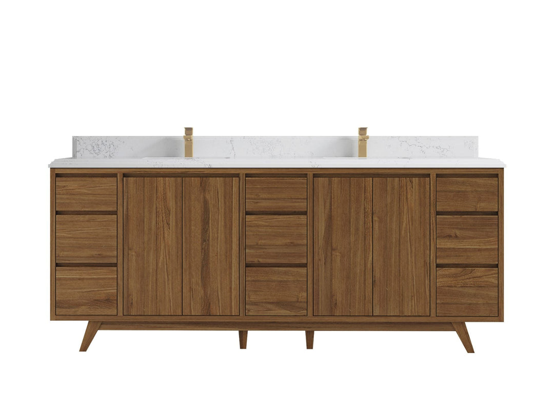 Madison Teak 84 in. W x 22 in. D Double Sink Bathroom Vanity in Dark Natural with 1.5 in Empira White Quartz Countertop 