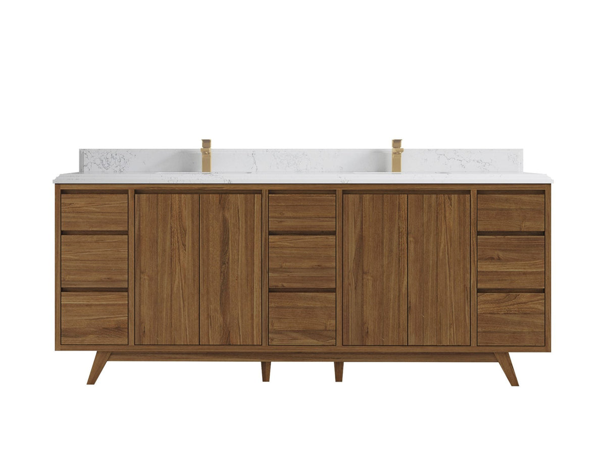 Madison Teak 84 in. W x 22 in. D Double Sink Bathroom Vanity in Dark Natural with 1.5 in Empira White Quartz Countertop