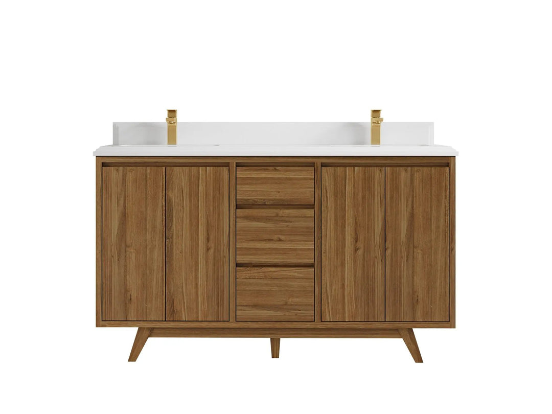 Madison Teak 60 in. W x 22 in. D Double Sink Bathroom Vanity in Dark Natural with 1.5 in White Quartz Countertop