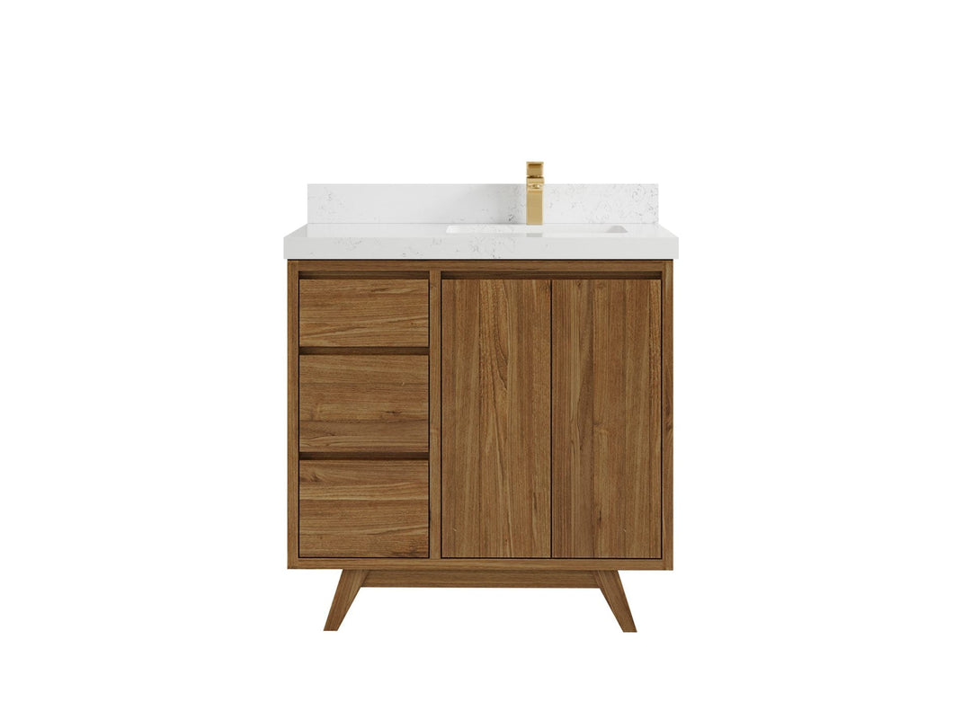 Madison Teak 36 in. W x 22 in. D Right Offset Sink Bathroom Vanity in Dark Natural with 2 in Empira White Quartz Countertop