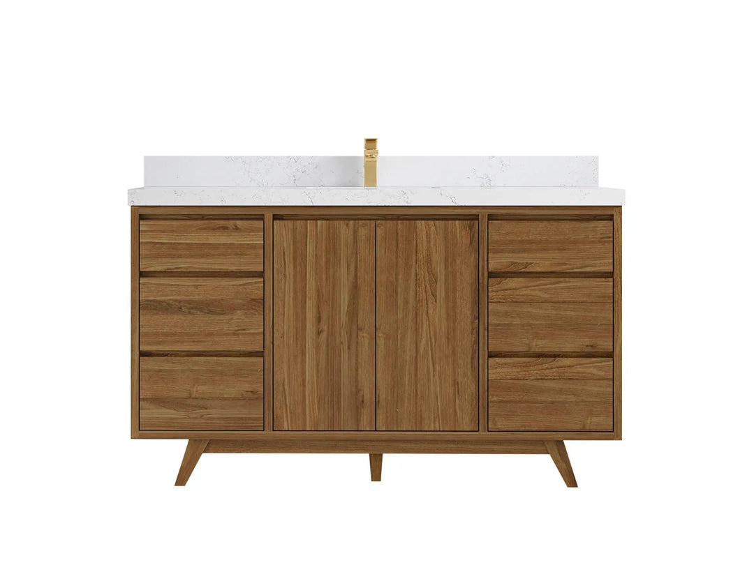 Madison Teak 60 in. W x 22 in. D Single Sink Bathroom Vanity in Dark Natural with 2 in Empira White Quartz Countertop