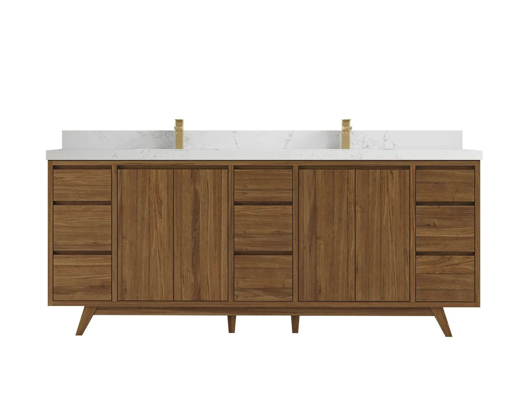 Madison Teak 84 in. W x 22 in. D Double Sink Bathroom Vanity in Dark Natural with 2 in Empira White Quartz Countertop