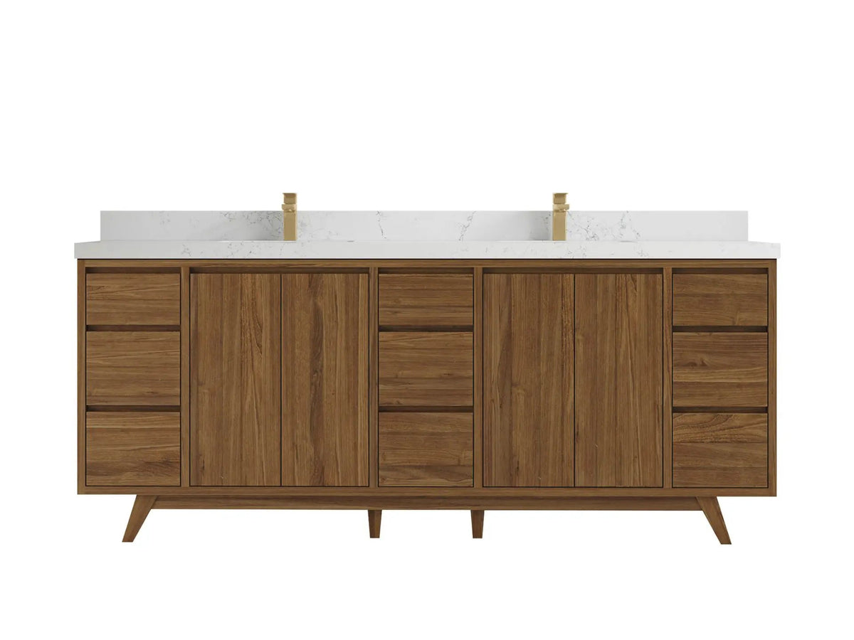Madison Teak 84 in. W x 22 in. D Double Sink Bathroom Vanity in Dark Natural with 2 in Empira White Quartz Countertop