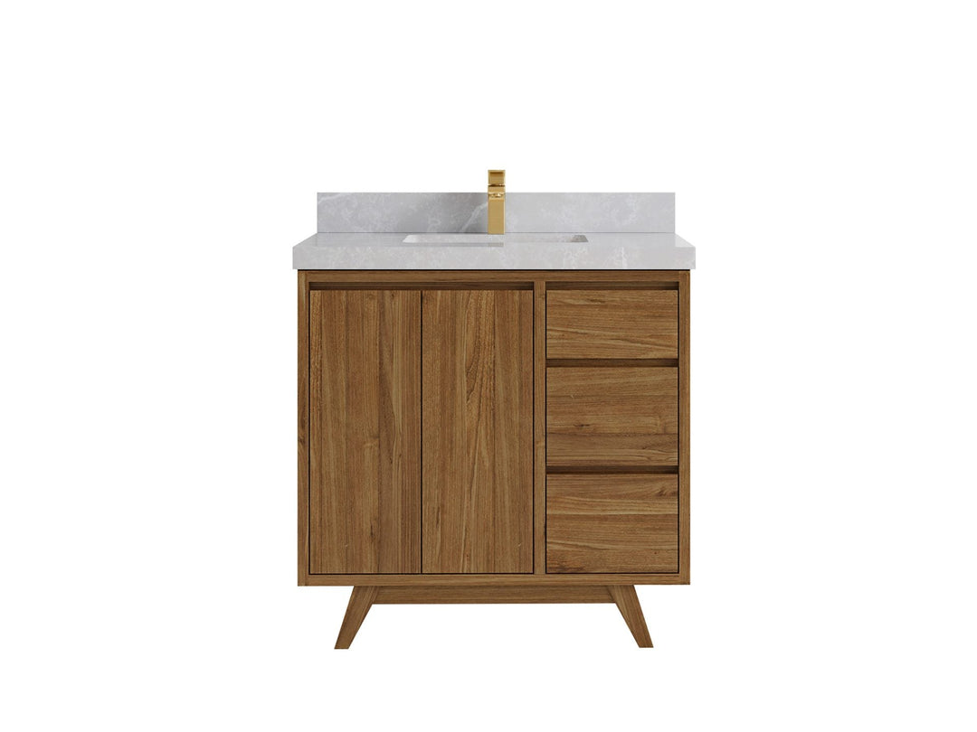 Madison Teak 36 in. W x 22 in. D Center Sink Bathroom Vanity in Dark Natural with 2 in Pearl Light Gray Quartz Countertop 