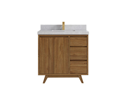 Madison Teak 36 in. W x 22 in. D Center Sink Bathroom Vanity in Dark Natural with 2 in Pearl Light Gray Quartz Countertop
