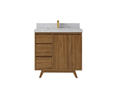 Madison Teak 36 in. W x 22 in. D Center Sink Bathroom Vanity in Dark Natural with 2 in Pearl Light Gray Quartz Countertop