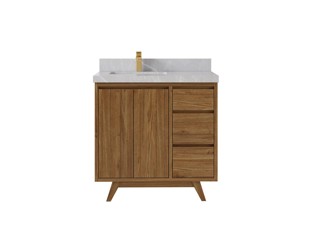 Madison Teak 36 in. W x 22 in. D Left Offset Sink Bathroom Vanity in Dark Natural with 2 in Pearl Light Gray Quartz Countertop 