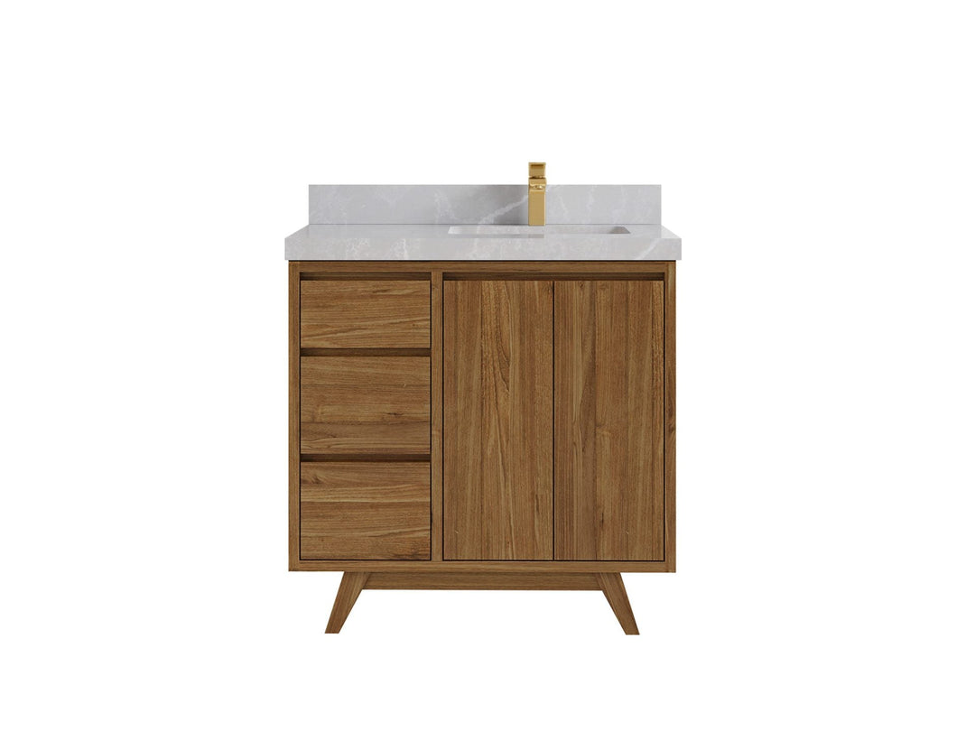 Madison Teak 36 in. W x 22 in. D Right Offset Sink Bathroom Vanity in Dark Natural with 2 in Pearl Light Gray Quartz Countertop 