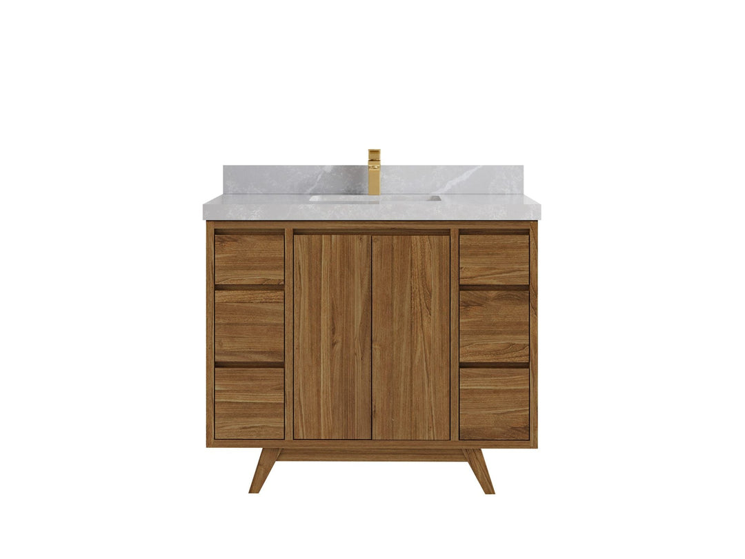 Madison Teak 42 in. W x 22 in. D Single Sink Bathroom Vanity in Dark Natural with 2 in Pearl Light Gray Quartz Countertop 