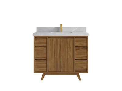 Madison Teak 42 in. W x 22 in. D Single Sink Bathroom Vanity in Dark Natural with 2 in Pearl Light Gray Quartz Countertop