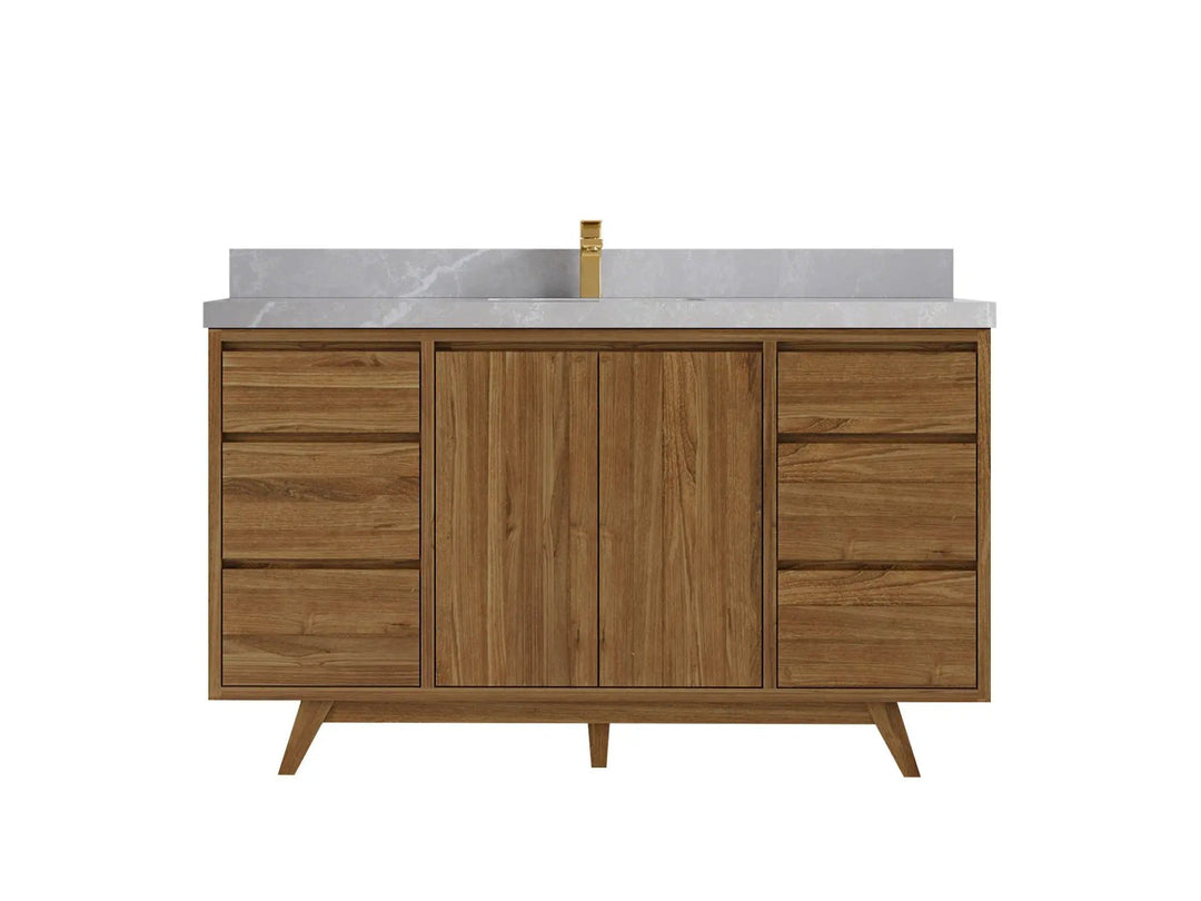 Madison Teak 60 in. W x 22 in. D Single Sink Bathroom Vanity in Dark Natural with 2 in Pearl Light Gray Quartz Countertop 