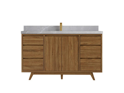 Madison Teak 60 in. W x 22 in. D Single Sink Bathroom Vanity in Dark Natural with 2 in Pearl Light Gray Quartz Countertop