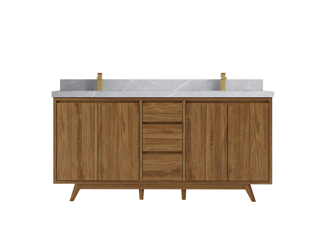 Madison Teak 72 in. W x 22 in. D Double Sink Bathroom Vanity in Dark Natural with 2 in Pearl Light Gray Quartz Countertop 