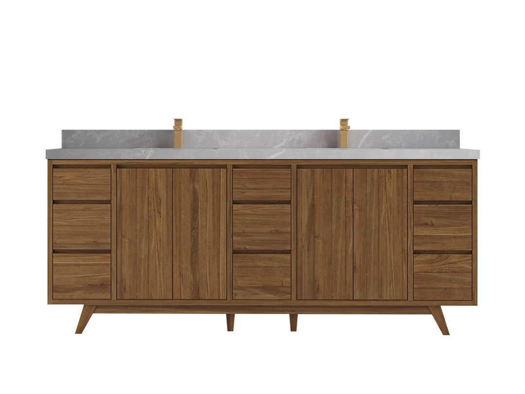 Madison Teak 84 in. W x 22 in. D Double Sink Bathroom Vanity in Dark Natural with 2 in Pearl Light Gray Quartz Countertop 