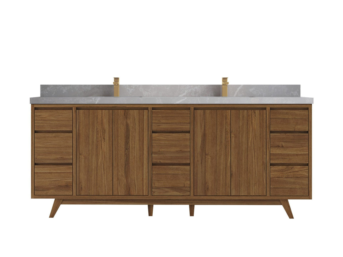 Madison Teak 84 in. W x 22 in. D Double Sink Bathroom Vanity in Dark Natural with 2 in Pearl Light Gray Quartz Countertop