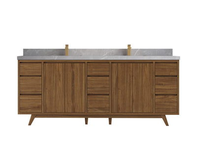 Madison Teak 84 in. W x 22 in. D Double Sink Bathroom Vanity in Dark Natural with 2 in Pearl Light Gray Quartz Countertop