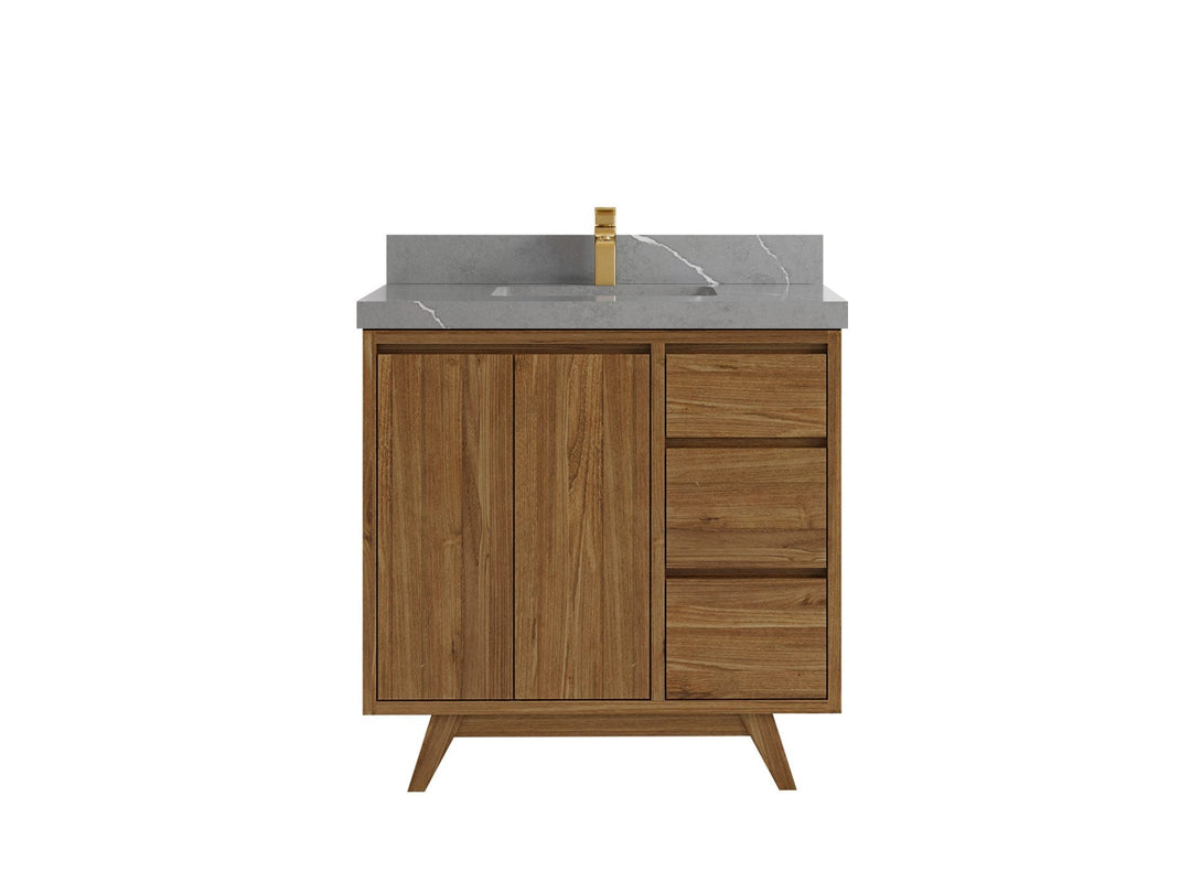 Madison Teak 36 in. W x 22 in. D Center Sink Bathroom Vanity in Dark Natural with 2 in Piatra Gray Quartz Countertop