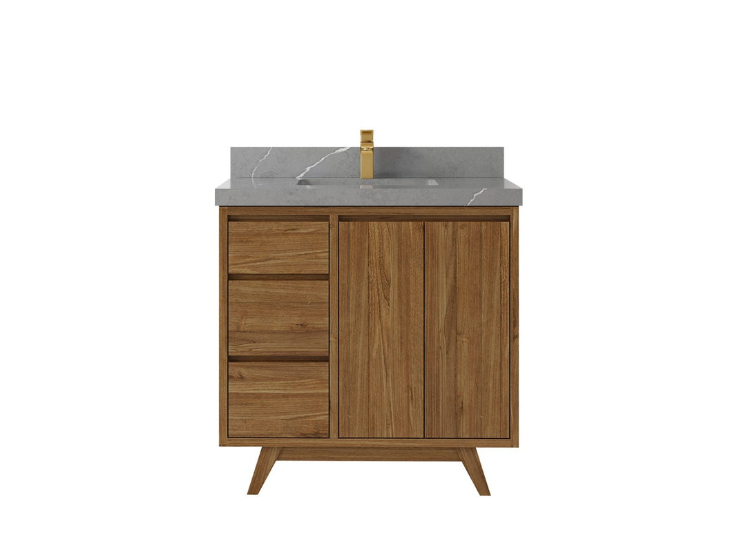 Madison Teak 36 in. W x 22 in. D Center Sink Bathroom Vanity in Dark Natural with 2 in Piatra Gray Quartz Countertop
