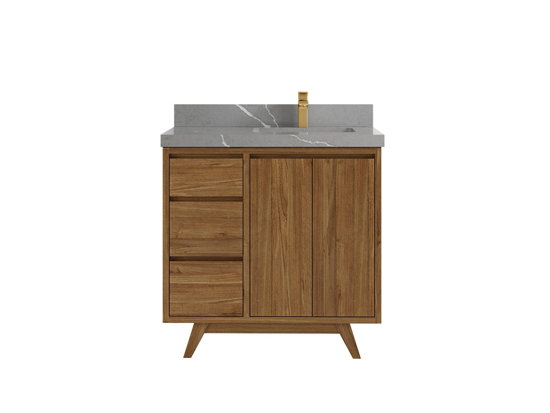 Madison Teak 36 in. W x 22 in. D Right Offset Sink Bathroom Vanity in Dark Natural with 2 in Piatra Gray Quartz Countertop