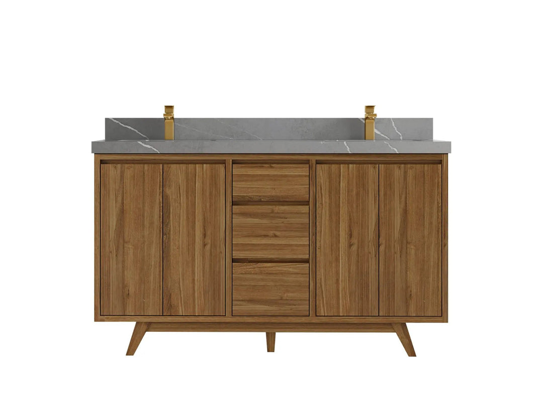 Madison Teak 60 in. W x 22 in. D Double Sink Bathroom Vanity in Dark Natural with 2 in Piatra Gray Quartz Countertop