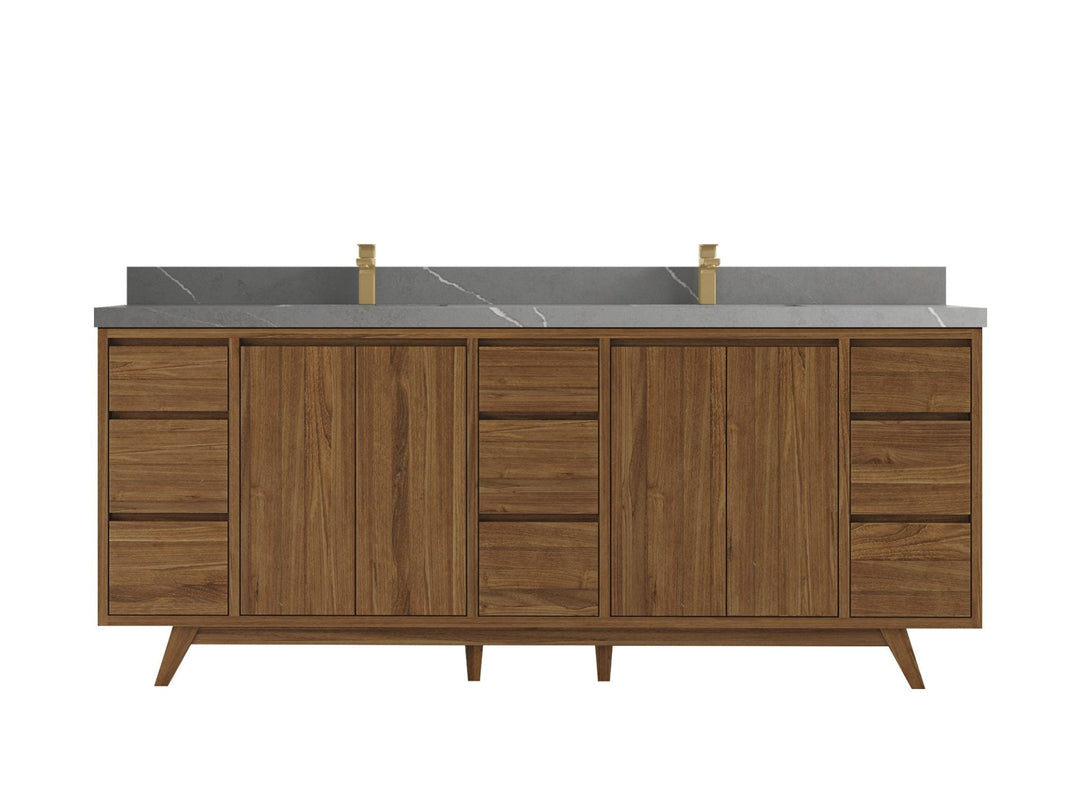 Madison Teak 84 in. W x 22 in. D Double Sink Bathroom Vanity in Dark Natural with 2 in Piatra Gray Quartz Countertop