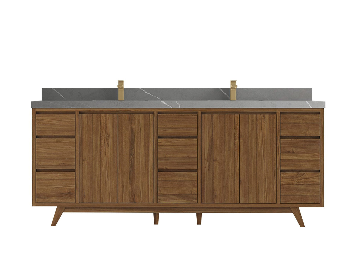 Madison Teak 84 in. W x 22 in. D Double Sink Bathroom Vanity in Dark Natural with 2 in Piatra Gray Quartz Countertop