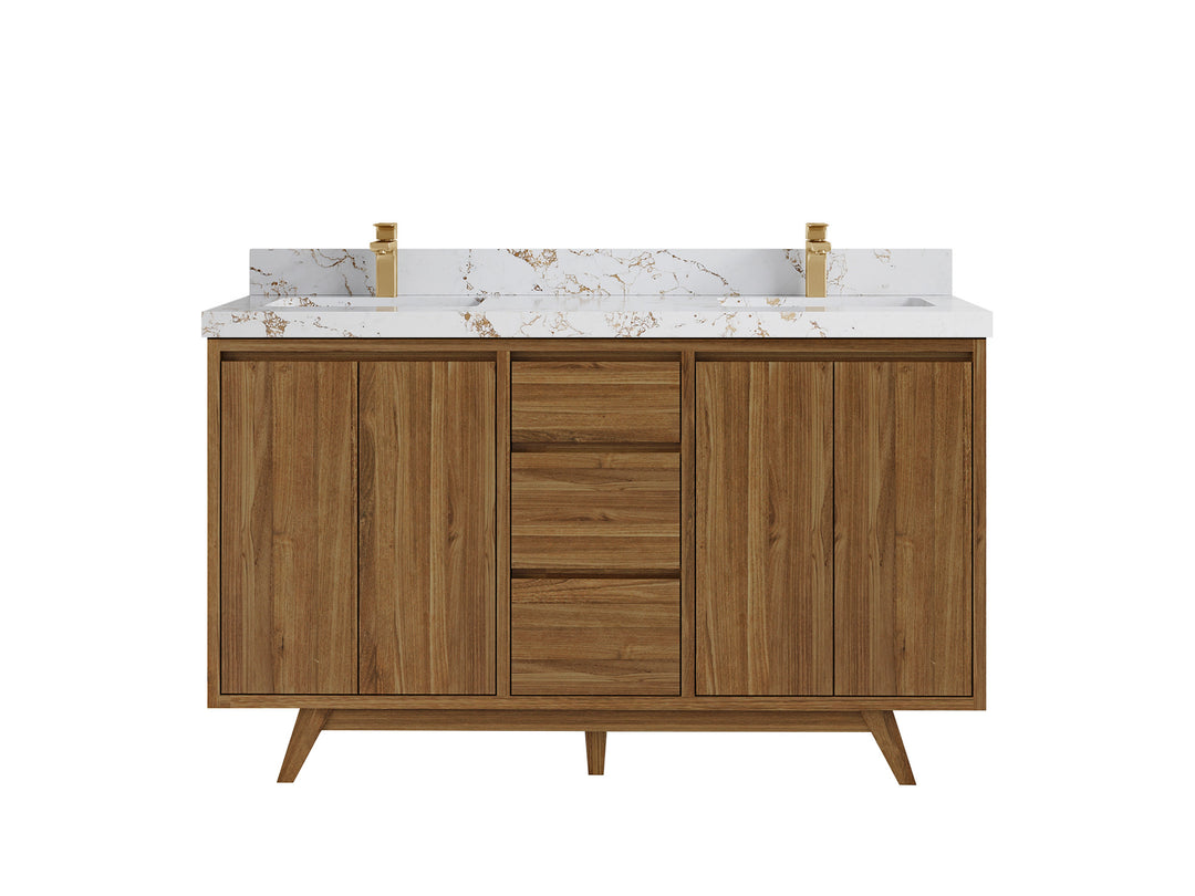 Madison Teak 60 in. W x 22 in. D Double Sink Bathroom Vanity in Dark Natural with 2 in Viola Gold Quartz Countertop 