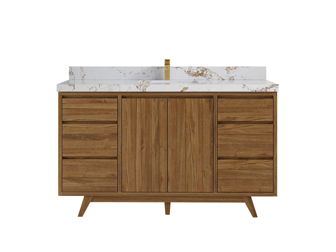 Madison Teak 60 in. W x 22 in. D Single Sink Bathroom Vanity in Dark Natural with 2 in Viola Gold Quartz Countertop 