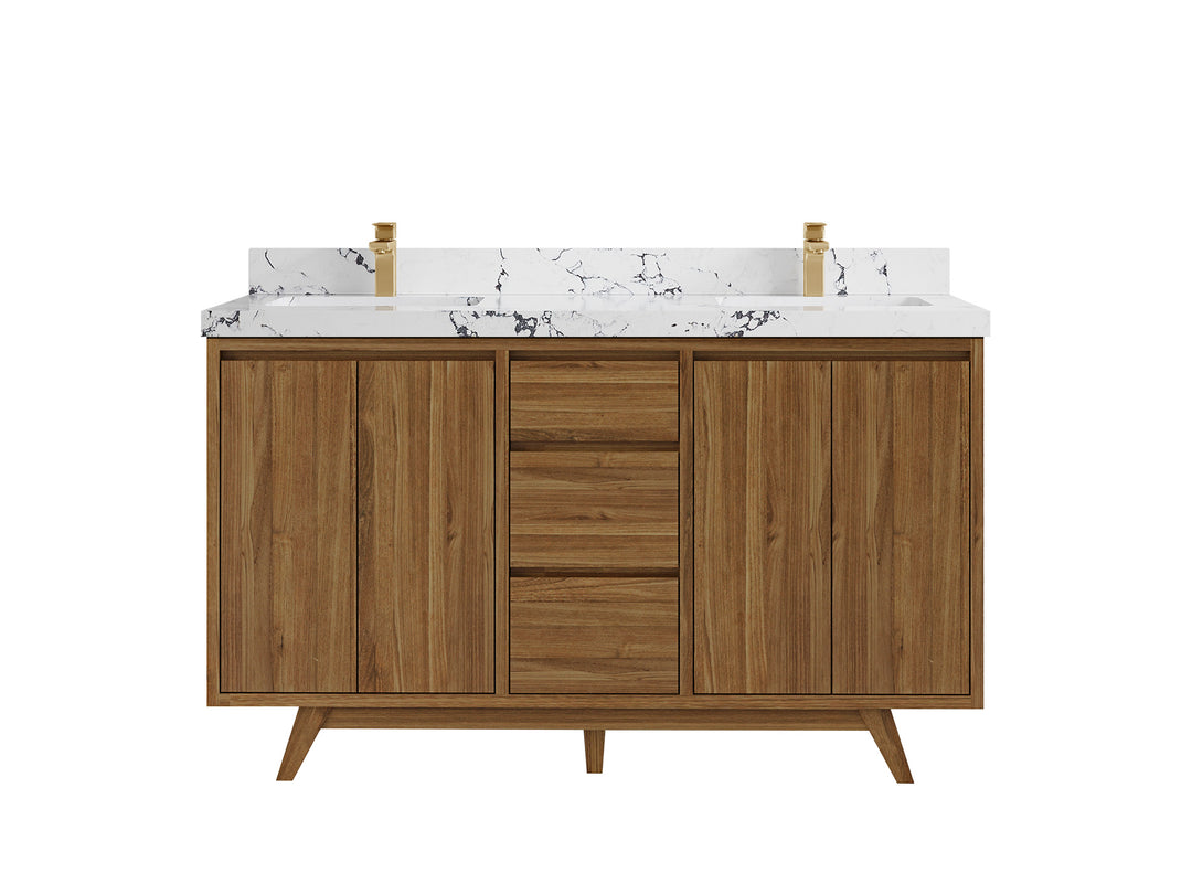 Madison Teak 60 in. W x 22 in. D Double Sink Bathroom Vanity in Dark Natural with 2 in Viola Night Quartz Countertop 