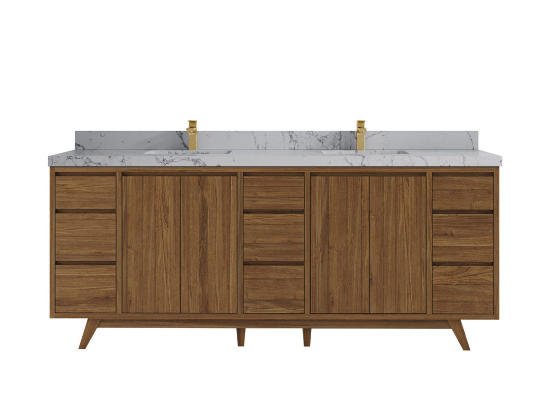 Madison Teak 84 in. W x 22 in. D Double Sink Bathroom Vanity in Dark Natural with 2 in Venatino Quartz Countertop