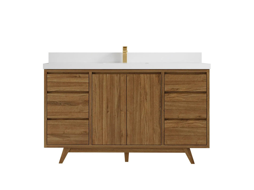 Madison Teak 60 in. W x 22 in. D Single Sink Bathroom Vanity in Dark Natural with 2 in White Quartz Countertop 