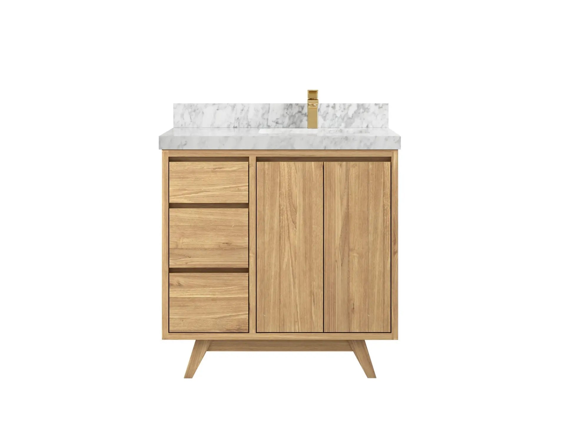 Madison Teak 36 in. W x 22 in. D Right Offset Sink Bathroom Vanity in Light Natural with 2 in Carrara Marble Countertop