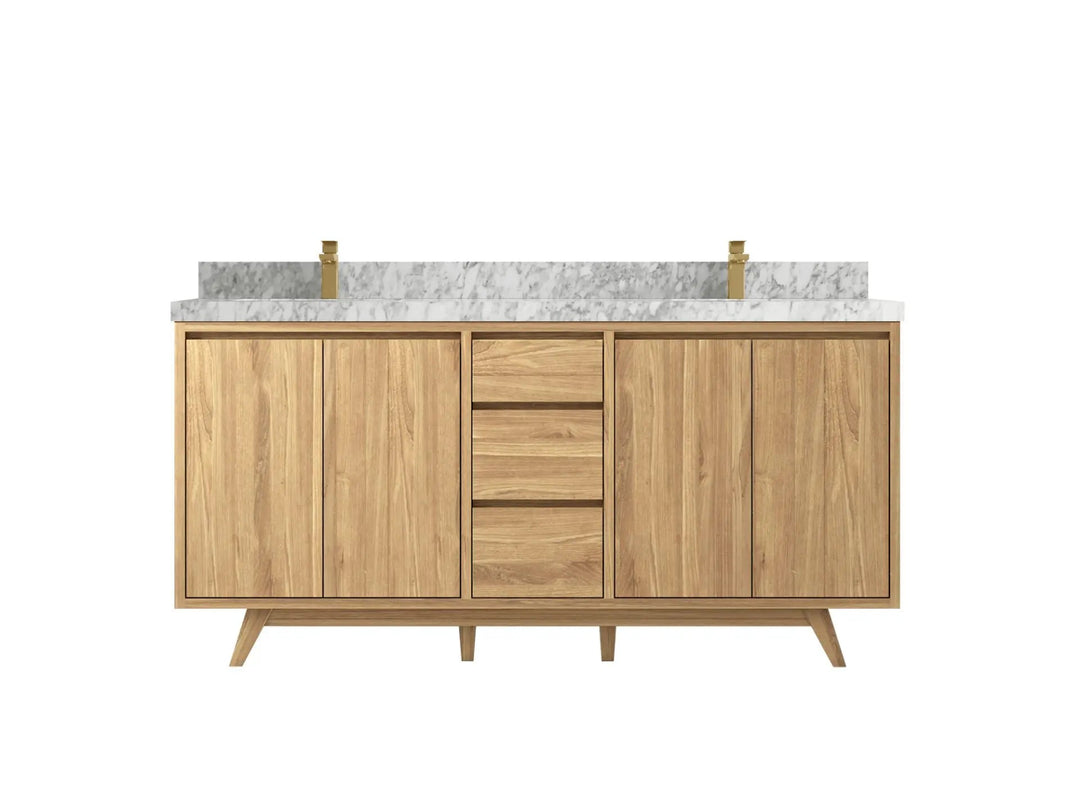 Madison Teak 72 in. W x 22 in. D Double Sink Bathroom Vanity in Light Natural with 2 in Carrara Marble Countertop