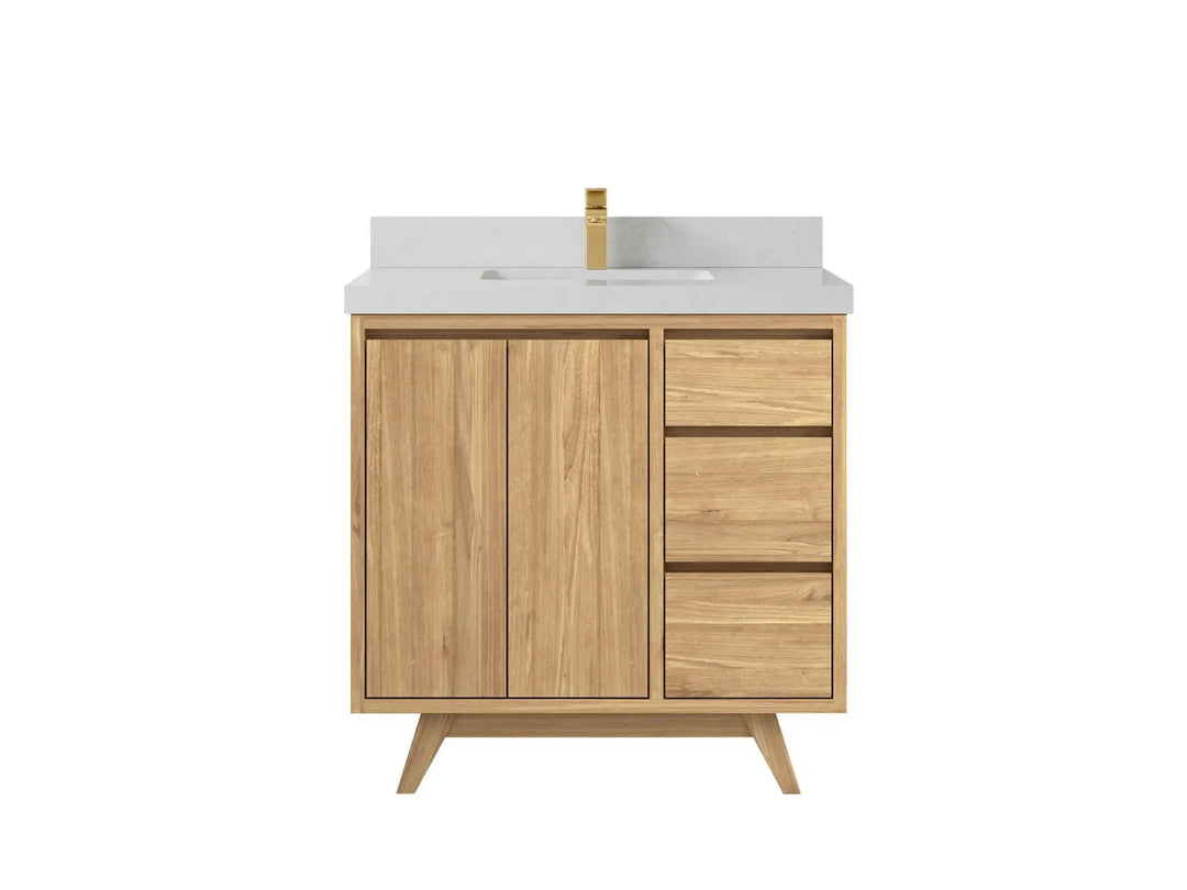 Madison Teak 36 in. W x 22 in. D Center Sink Bathroom Vanity in Light Natural with 2 in Carrara Quartz Countertop