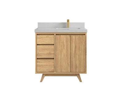 Madison Teak 36 in. W x 22 in. D Right Offset Sink Bathroom Vanity in Light Natural with 2 in Carrara Quartz Countertop