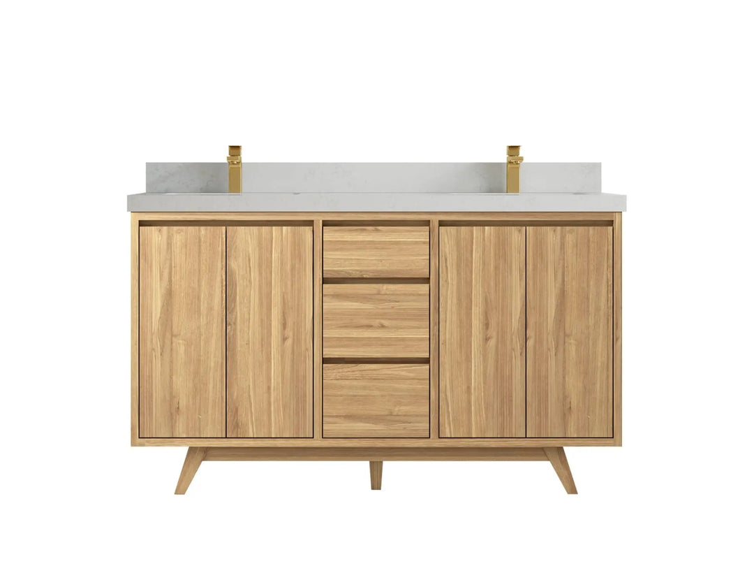 Madison Teak 60 in. W x 22 in. D Double Sink Bathroom Vanity in Light Natural with 2 in Carrara Quartz Countertop